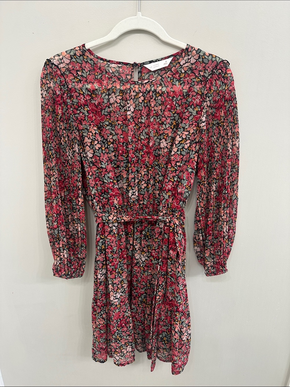 Floral Pink Long-Sleeve Tie-Waist Dress